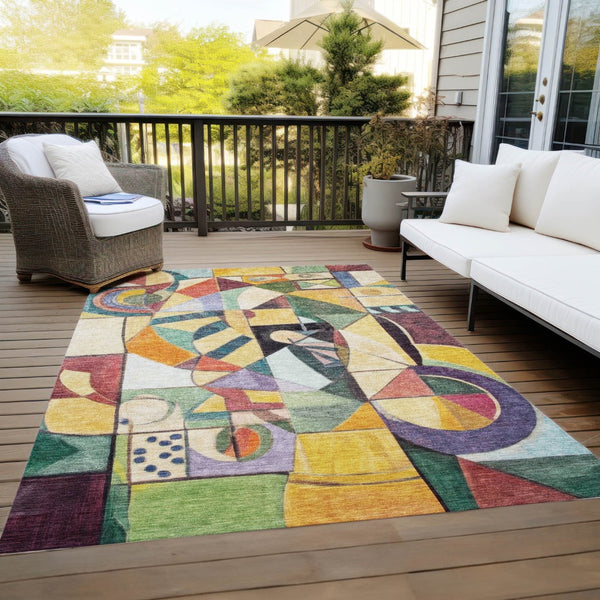 HomeRoots 5' Vibrant Gold Purple Orange Blue Abstract Area Rug - Durable, Washable & Stylish for Indoors/Outdoors 620030