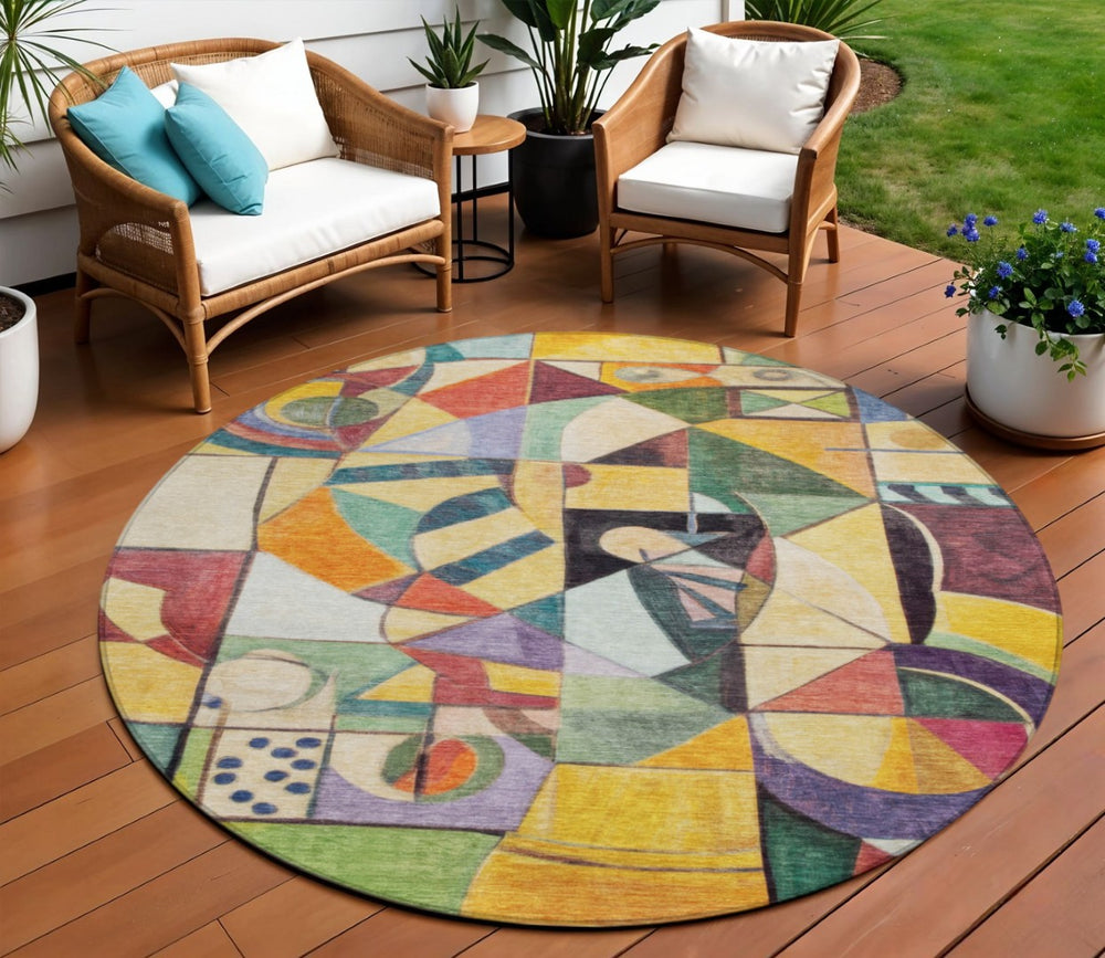HomeRoots 8' Vibrant Round Abstract Area Rug in Gold, Purple, Orange & Blue - Washable for Indoor/Outdoor Use! 620031