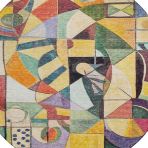 HomeRoots 8' Vibrant Round Abstract Area Rug in Gold, Purple, Orange & Blue - Washable for Indoor/Outdoor Use! 620031