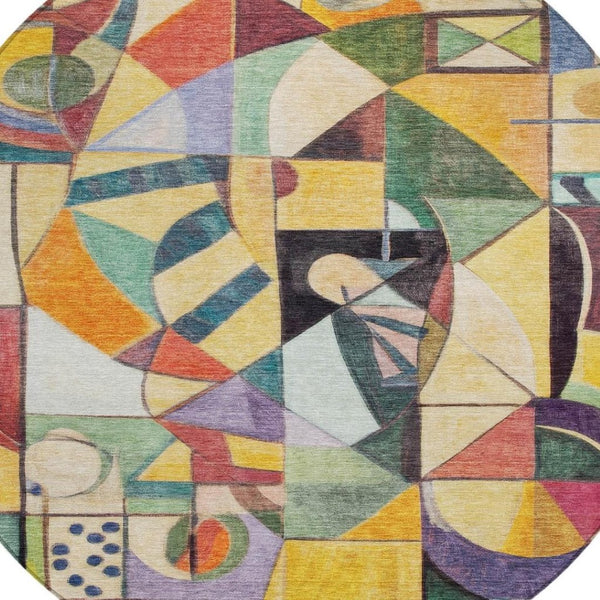 HomeRoots 8' Vibrant Round Abstract Area Rug in Gold, Purple, Orange & Blue - Washable for Indoor/Outdoor Use! 620031
