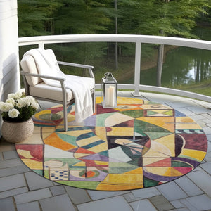 HomeRoots 8' Vibrant Round Abstract Area Rug in Gold, Purple, Orange & Blue - Washable for Indoor/Outdoor Use! 620031