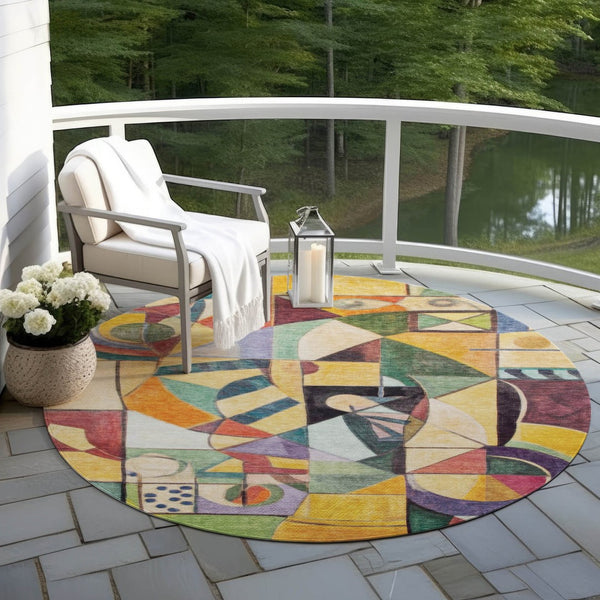 HomeRoots 8' Vibrant Round Abstract Area Rug in Gold, Purple, Orange & Blue - Washable for Indoor/Outdoor Use! 620031