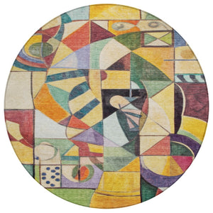 HomeRoots 8' Vibrant Round Abstract Area Rug in Gold, Purple, Orange & Blue - Washable for Indoor/Outdoor Use! 620031