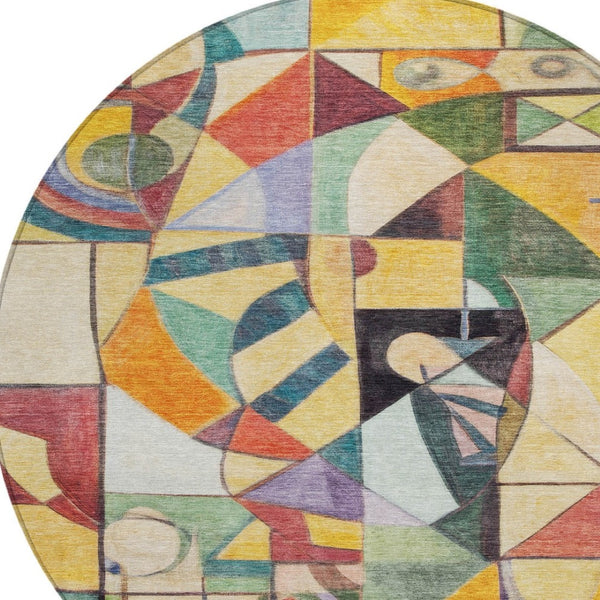 HomeRoots 8' Vibrant Round Abstract Area Rug in Gold, Purple, Orange & Blue - Washable for Indoor/Outdoor Use! 620031