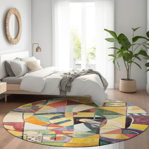 HomeRoots 8' Vibrant Round Abstract Area Rug in Gold, Purple, Orange & Blue - Washable for Indoor/Outdoor Use! 620031