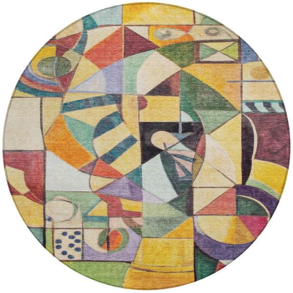 HomeRoots 8' Vibrant Round Abstract Area Rug in Gold, Purple, Orange & Blue - Washable for Indoor/Outdoor Use! 620031