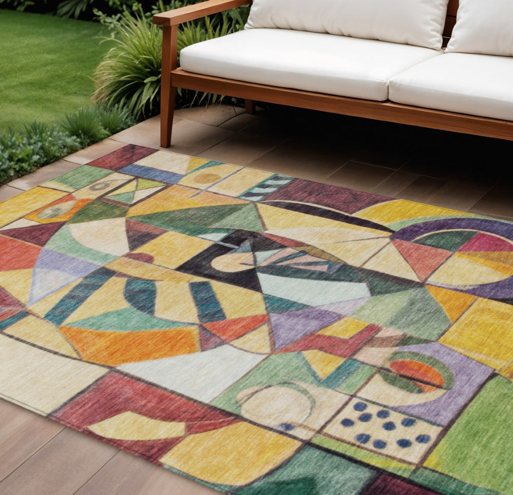 HomeRoots 8' Vibrant Abstract Washable Area Rug in Gold, Purple, Orange & Blue for Indoor/Outdoor Spaces 620032