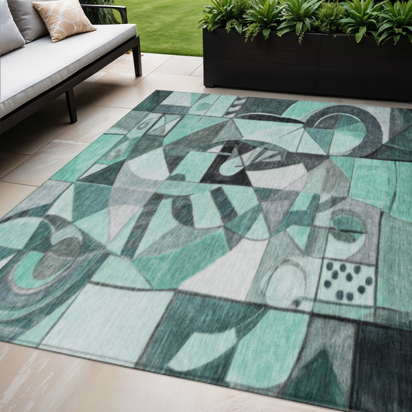 HomeRoots 5' X 8' Washable Area Rug in Teal, Blue & Gray - Durable Abstract Design for Indoor/Outdoor Use 620042