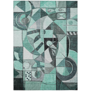 HomeRoots 5' X 8' Washable Area Rug in Teal, Blue & Gray - Durable Abstract Design for Indoor/Outdoor Use 620042