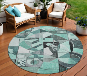 HomeRoots 8' Teal Blue Round Abstract Washable Area Rug - Durable, Stylish, Indoor/Outdoor Decor for Any Space 620043