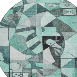 HomeRoots 8' Teal Blue Round Abstract Washable Area Rug - Durable, Stylish, Indoor/Outdoor Decor for Any Space 620043