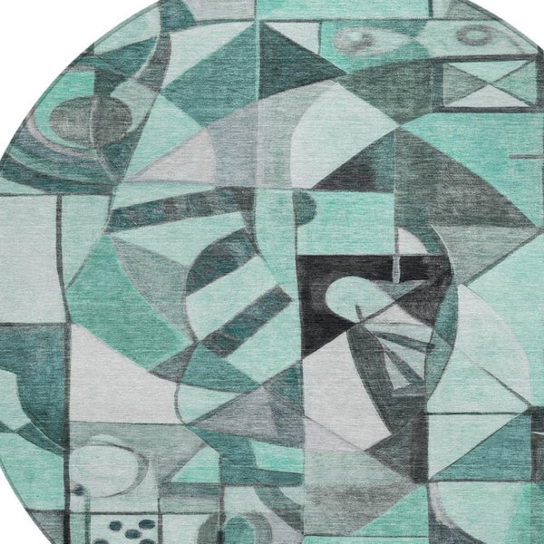 HomeRoots 8' Teal Blue Round Abstract Washable Area Rug - Durable, Stylish, Indoor/Outdoor Decor for Any Space 620043