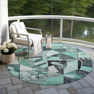 HomeRoots 8' Teal Blue Round Abstract Washable Area Rug - Durable, Stylish, Indoor/Outdoor Decor for Any Space 620043