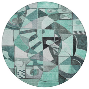HomeRoots 8' Teal Blue Round Abstract Washable Area Rug - Durable, Stylish, Indoor/Outdoor Decor for Any Space 620043