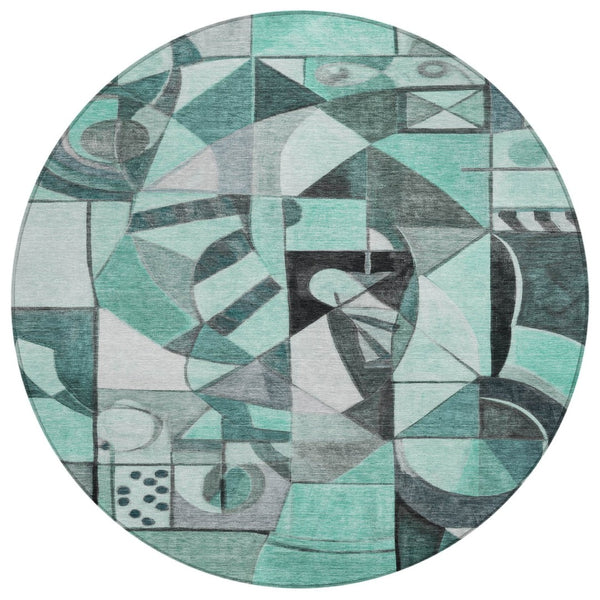 HomeRoots 8' Teal Blue Round Abstract Washable Area Rug - Durable, Stylish, Indoor/Outdoor Decor for Any Space 620043