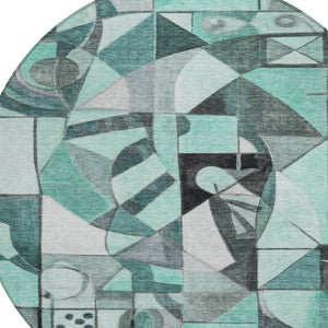 HomeRoots 8' Teal Blue Round Abstract Washable Area Rug - Durable, Stylish, Indoor/Outdoor Decor for Any Space 620043