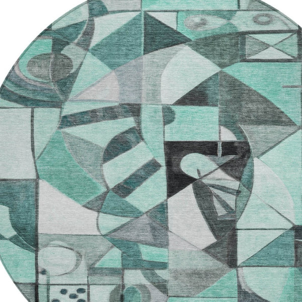 HomeRoots 8' Teal Blue Round Abstract Washable Area Rug - Durable, Stylish, Indoor/Outdoor Decor for Any Space 620043