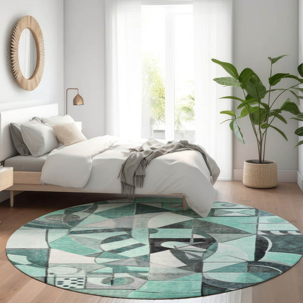 HomeRoots 8' Teal Blue Round Abstract Washable Area Rug - Durable, Stylish, Indoor/Outdoor Decor for Any Space 620043