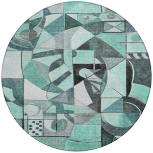 HomeRoots 8' Teal Blue Round Abstract Washable Area Rug - Durable, Stylish, Indoor/Outdoor Decor for Any Space 620043
