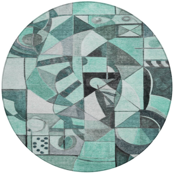 HomeRoots 8' Teal Blue Round Abstract Washable Area Rug - Durable, Stylish, Indoor/Outdoor Decor for Any Space 620043