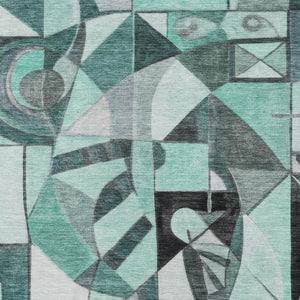 HomeRoots 9' Modern Teal Blue, Black, Ivory & Gray Abstract Washable Area Rug for Indoor/Outdoor Spaces 620045