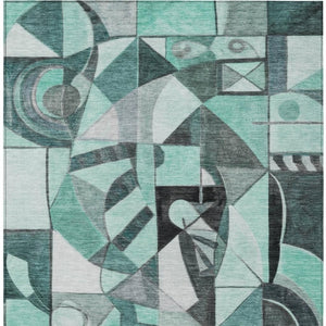 HomeRoots 9' Modern Teal Blue, Black, Ivory & Gray Abstract Washable Area Rug for Indoor/Outdoor Spaces 620045