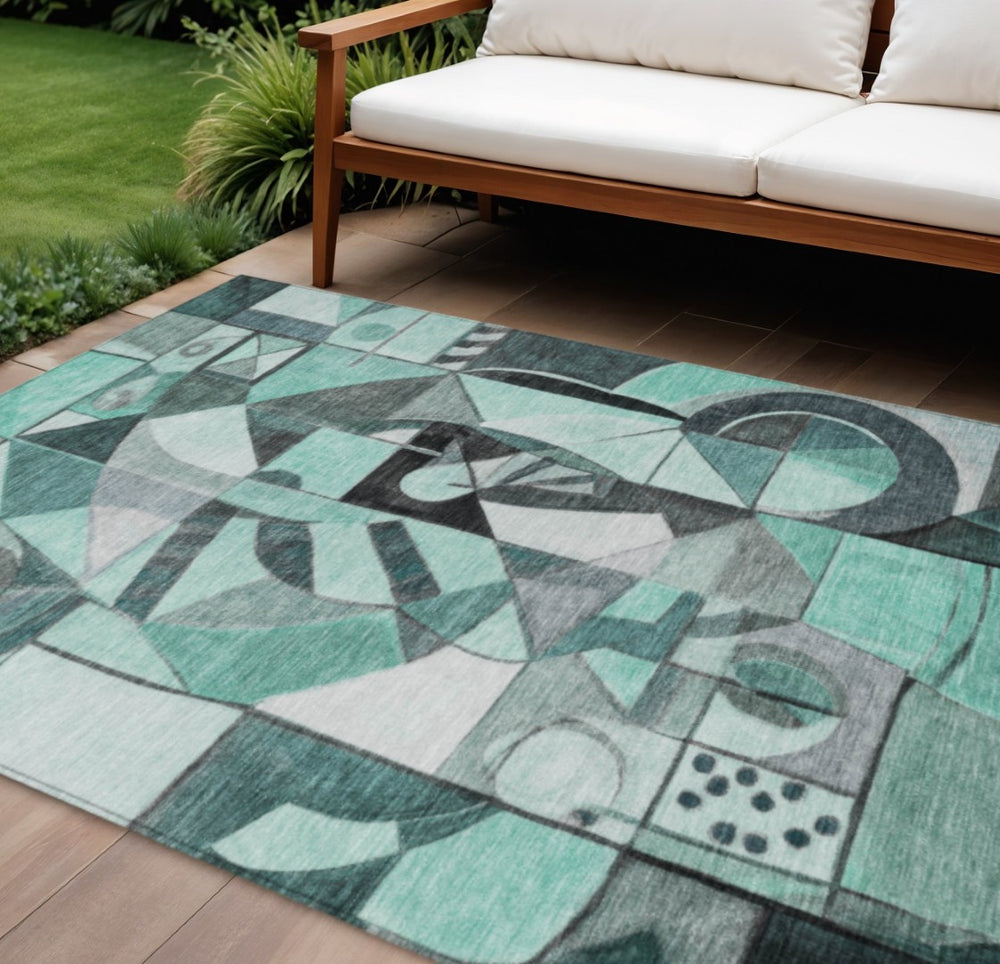 HomeRoots 10' Modern Abstract Teal Blue & Gray Washable Area Rug for Indoor/Outdoor Spaces – Durable & Stylish! 620046