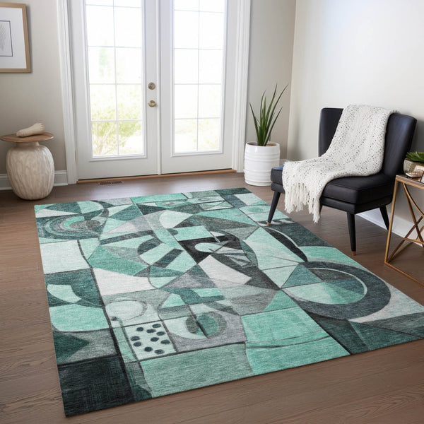 HomeRoots 10' Modern Abstract Teal Blue & Gray Washable Area Rug for Indoor/Outdoor Spaces – Durable & Stylish! 620046