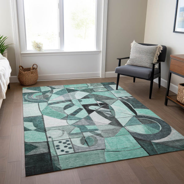 HomeRoots 10' Modern Abstract Teal Blue & Gray Washable Area Rug for Indoor/Outdoor Spaces – Durable & Stylish! 620046