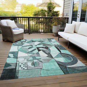 HomeRoots 10' Modern Abstract Teal Blue & Gray Washable Area Rug for Indoor/Outdoor Spaces – Durable & Stylish! 620046