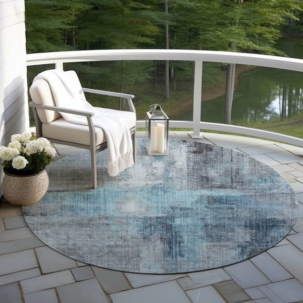 HomeRoots 8' Blue and Gray Round Abstract Washable Area Rug - Durable, Stylish, Indoor/Outdoor Home Décor Solution 620049