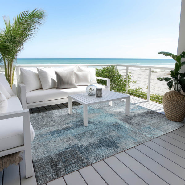 HomeRoots 9' X 12' Blue and Gray Abstract Rug - Durable, Washable, Versatile Indoor/Outdoor Design for Every Space 620051