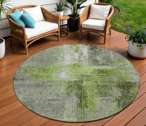 HomeRoots 8' Round Abstract Area Rug in Fern Green and Gray - Washable, Durable, Perfect for Indoor/Outdoor Spaces 620055