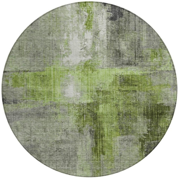 HomeRoots 8' Round Abstract Area Rug in Fern Green and Gray - Washable, Durable, Perfect for Indoor/Outdoor Spaces 620055