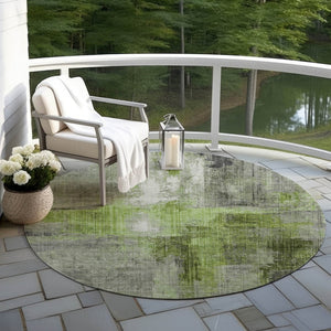 HomeRoots 8' Round Abstract Area Rug in Fern Green and Gray - Washable, Durable, Perfect for Indoor/Outdoor Spaces 620055