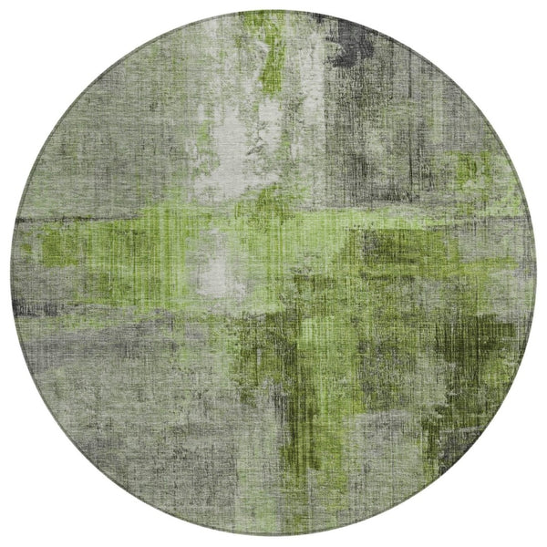 HomeRoots 8' Round Abstract Area Rug in Fern Green and Gray - Washable, Durable, Perfect for Indoor/Outdoor Spaces 620055