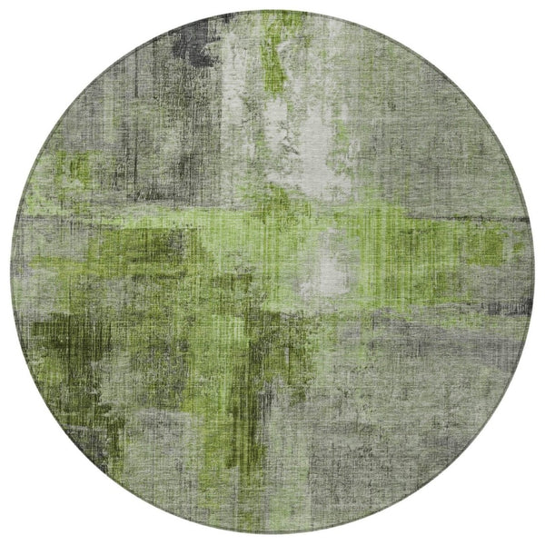 HomeRoots 8' Round Abstract Area Rug in Fern Green and Gray - Washable, Durable, Perfect for Indoor/Outdoor Spaces 620055