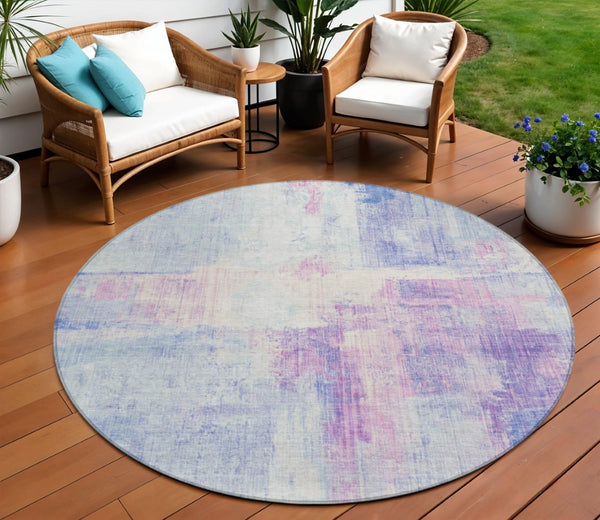HomeRoots 8' Sky Blue & Lavender Round Area Rug - Modern Abstract Design, Washable for Indoor & Outdoor Use 620067