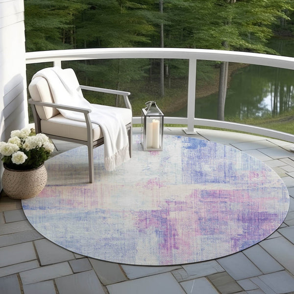 HomeRoots 8' Sky Blue & Lavender Round Area Rug - Modern Abstract Design, Washable for Indoor & Outdoor Use 620067