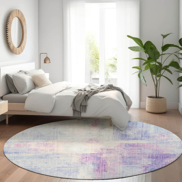 HomeRoots 8' Sky Blue & Lavender Round Area Rug - Modern Abstract Design, Washable for Indoor & Outdoor Use 620067
