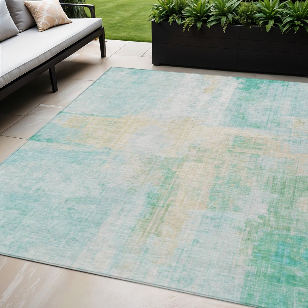 HomeRoots 5' Stylish Teal Blue and Wheat Abstract Washable Area Rug – Durable for Indoor and Outdoor Spaces 620072