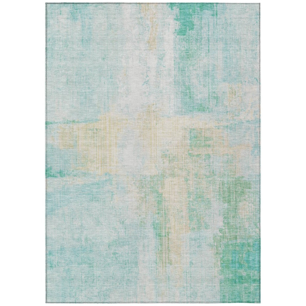 HomeRoots 5' Stylish Teal Blue and Wheat Abstract Washable Area Rug – Durable for Indoor and Outdoor Spaces 620072