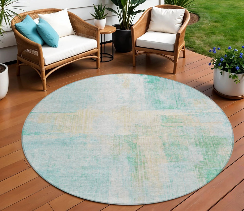 HomeRoots 8' Teal Blue & Wheat Round Abstract Rug - Washable, Durable Design for Indoor & Outdoor Spaces 620073