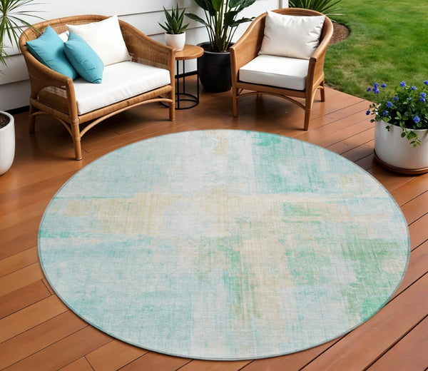 HomeRoots 8' Teal Blue & Wheat Round Abstract Rug - Washable, Durable Design for Indoor & Outdoor Spaces 620073