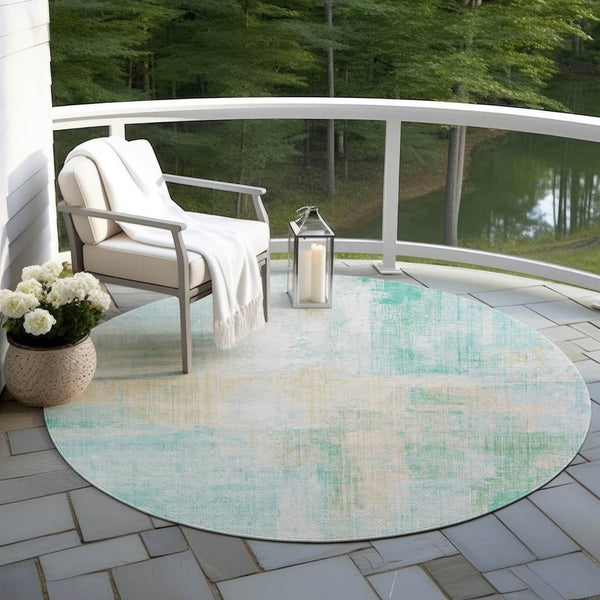 HomeRoots 8' Teal Blue & Wheat Round Abstract Rug - Washable, Durable Design for Indoor & Outdoor Spaces 620073
