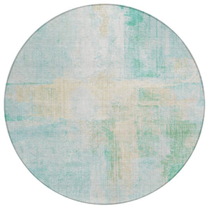 HomeRoots 8' Teal Blue & Wheat Round Abstract Rug - Washable, Durable Design for Indoor & Outdoor Spaces 620073