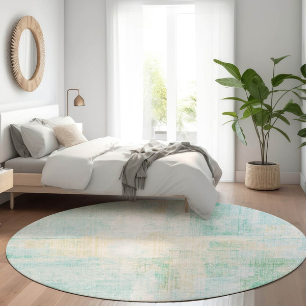 HomeRoots 8' Teal Blue & Wheat Round Abstract Rug - Washable, Durable Design for Indoor & Outdoor Spaces 620073