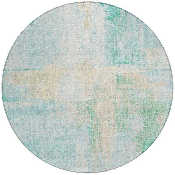 HomeRoots 8' Teal Blue & Wheat Round Abstract Rug - Washable, Durable Design for Indoor & Outdoor Spaces 620073
