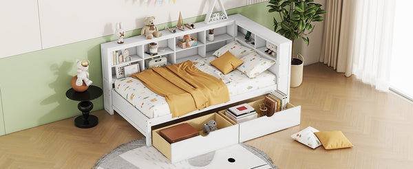 English Elm Wooden Twin Daybed with 2 Drawers, Built-In USB Charging & Double Shelf Storage, Pine Frame Durable White 42.91 L x 16.73 W x 6.69 H N733S170510K