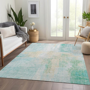 HomeRoots 10' Teal Blue and Wheat Abstract Rug - Durable Washable Indoor/Outdoor Area Rug for High Traffic Spaces 620076